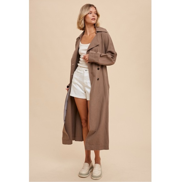 330 • Truffle Cotton Linen Blend Long Line Double Breasted Classic Trench Coat - Picture 1 of 4